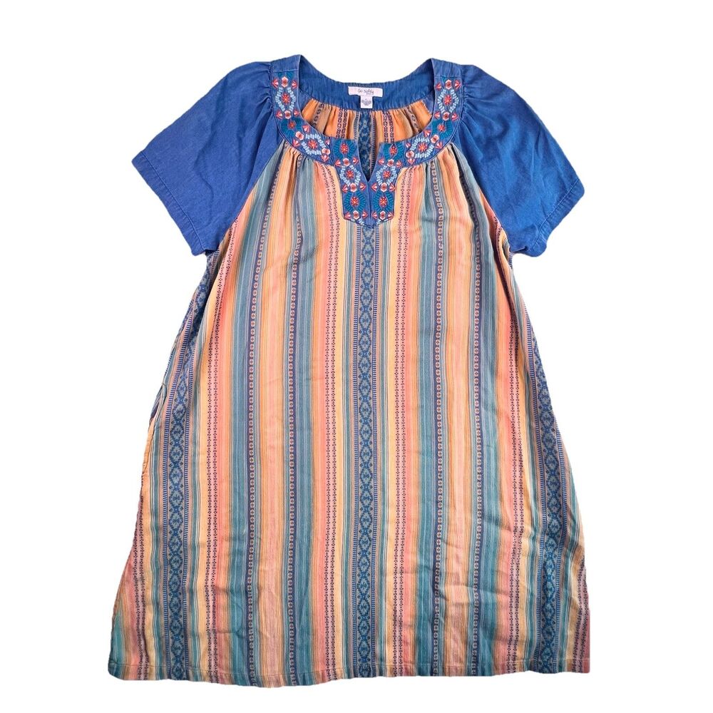 Boho Embroidered Striped Go Softly Patio House Dress Lg Mumu Vtg Cotton Aztec